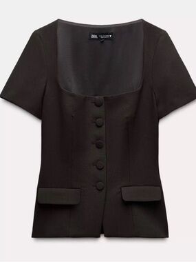 Zara Brown Short Sleeve Buttoned Blazer Top
